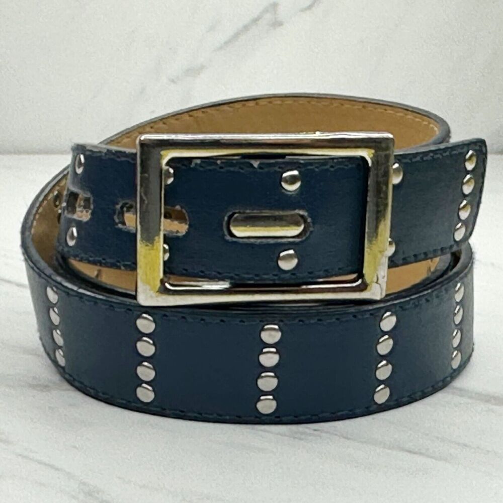 Studded Navy Leather Belt with Silver Buckle